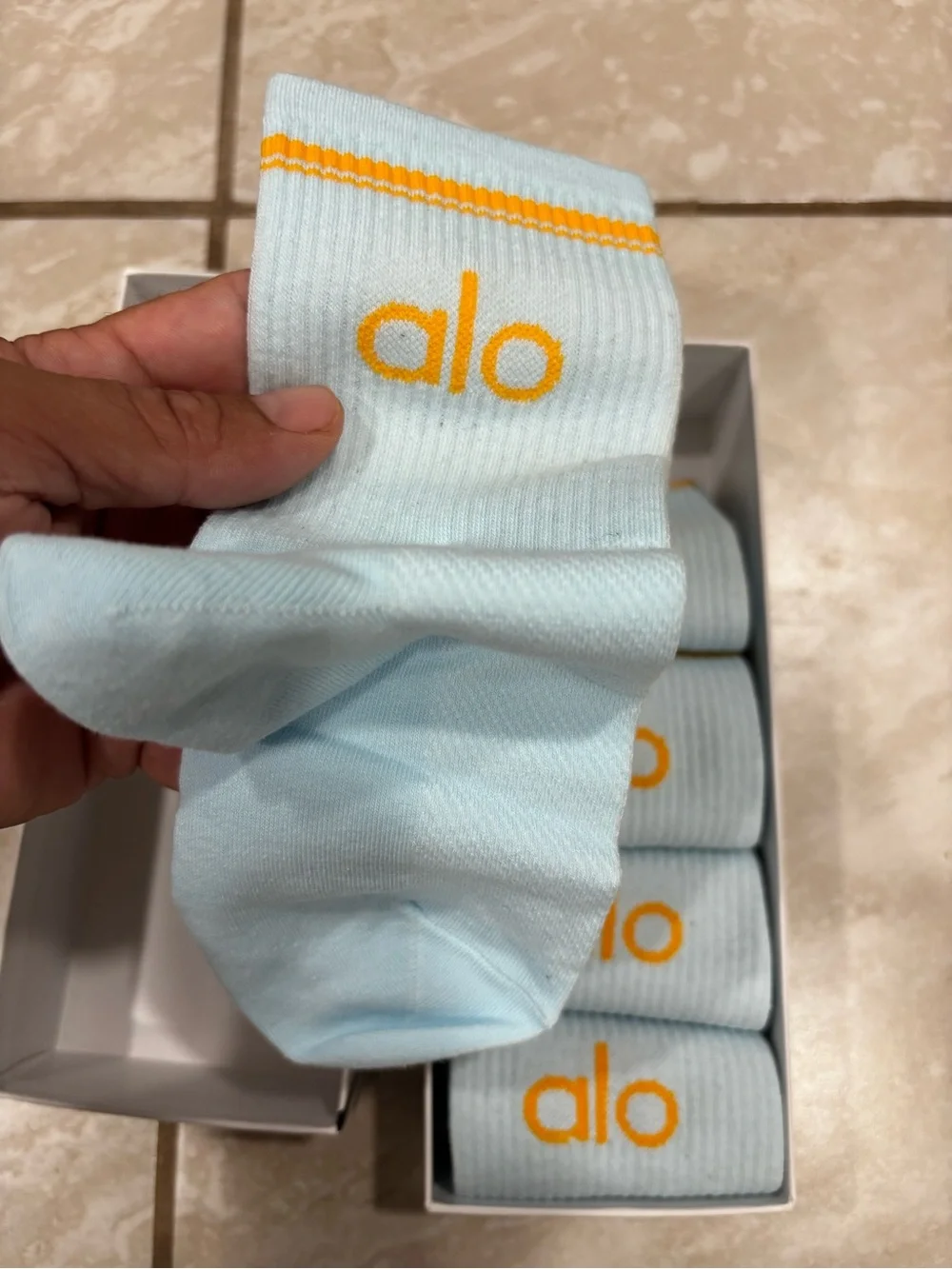 ALO Yoga Light Blue Socks with Orange Logo - Pack of 5